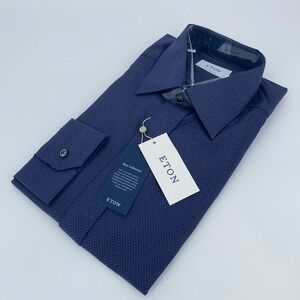 Eton Dress Shirt Men XL 17 - 43 Navy Patterned Poplin Contemporary Fit Button Up